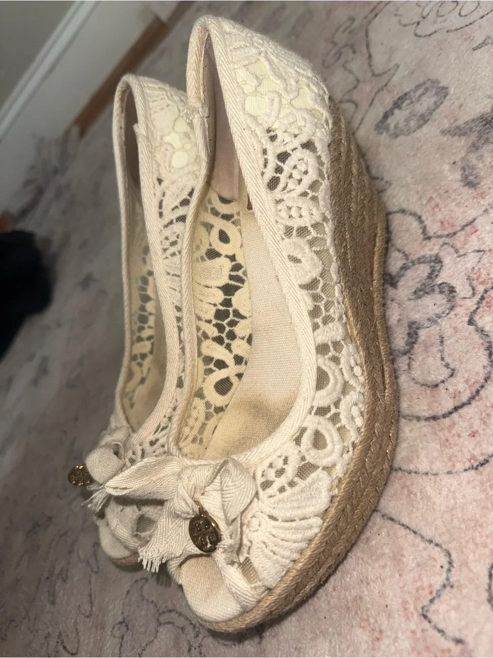 Tory Burch Cream Lace Peep-Toe Flats with Logo Charm